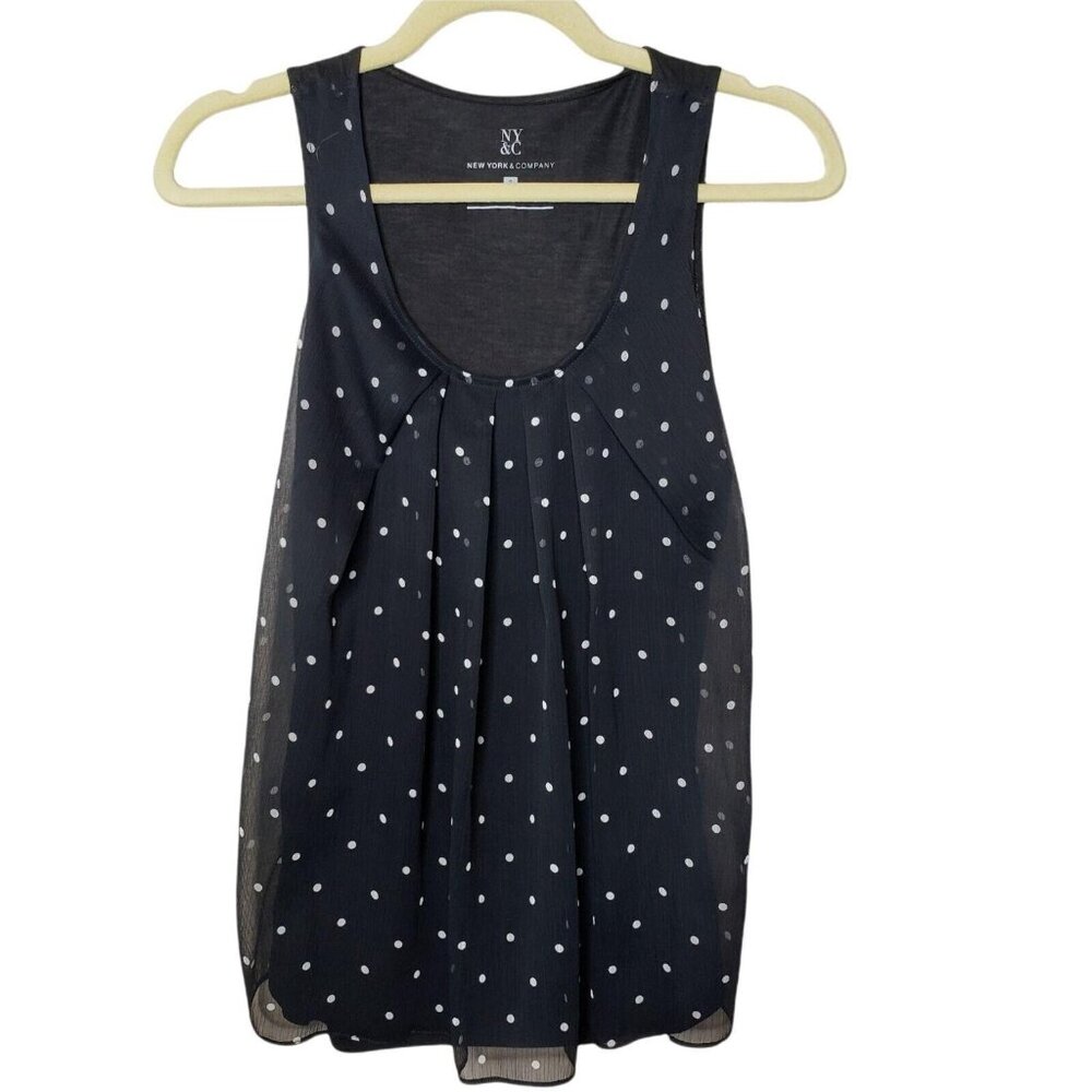 NY & Co Black Polka Dot Sheer Pleated Sleeveless‎ Blouse Size S